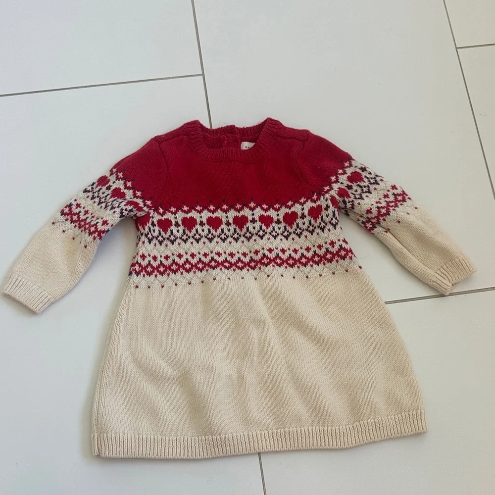 Baby gap Red and Cream Knit Sweater Dress 3/6m fair isle hearts